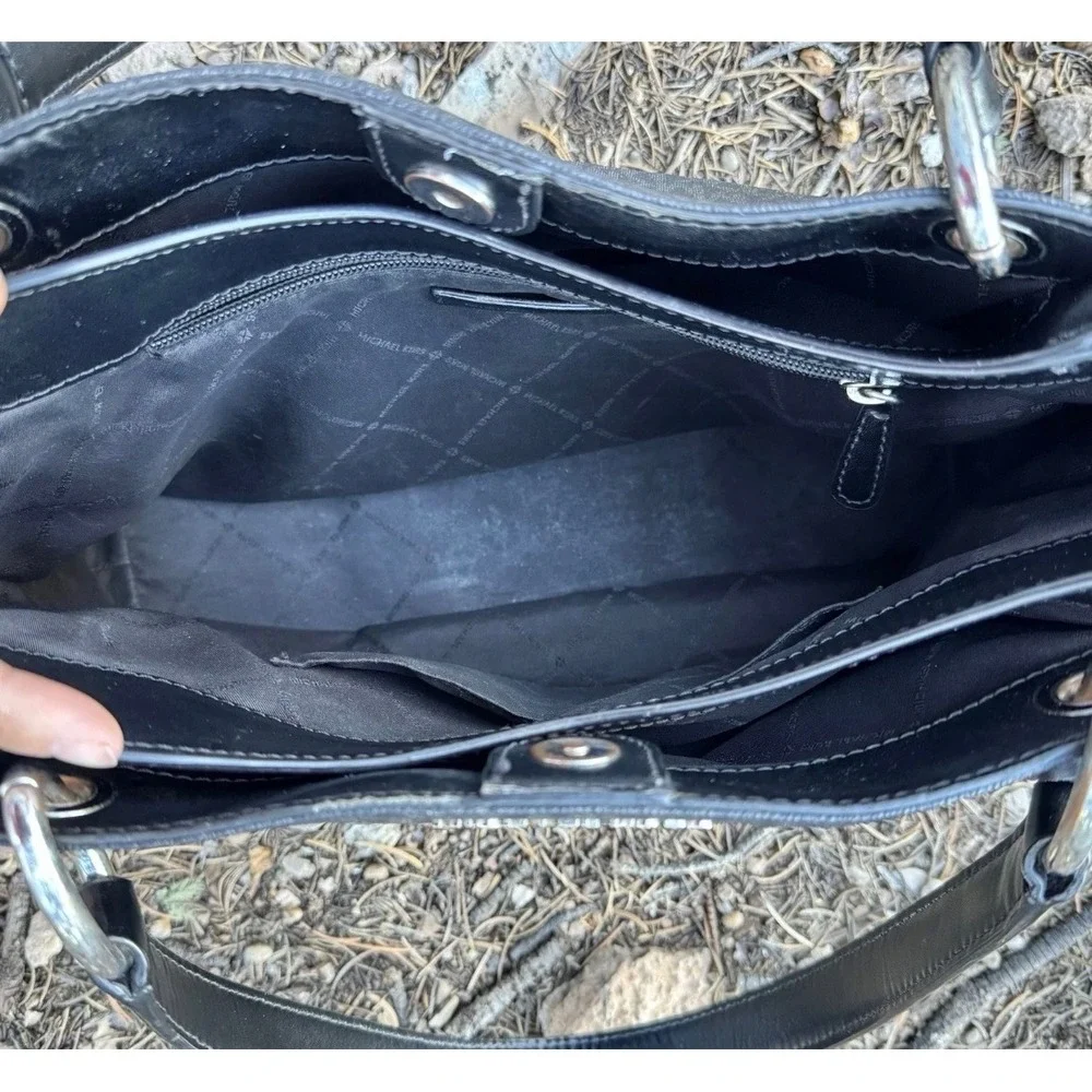 Michael Kors Black Monogram Logo Shoulder Bag Tote Silver Hardware MK Charm - Picture 9 of 11